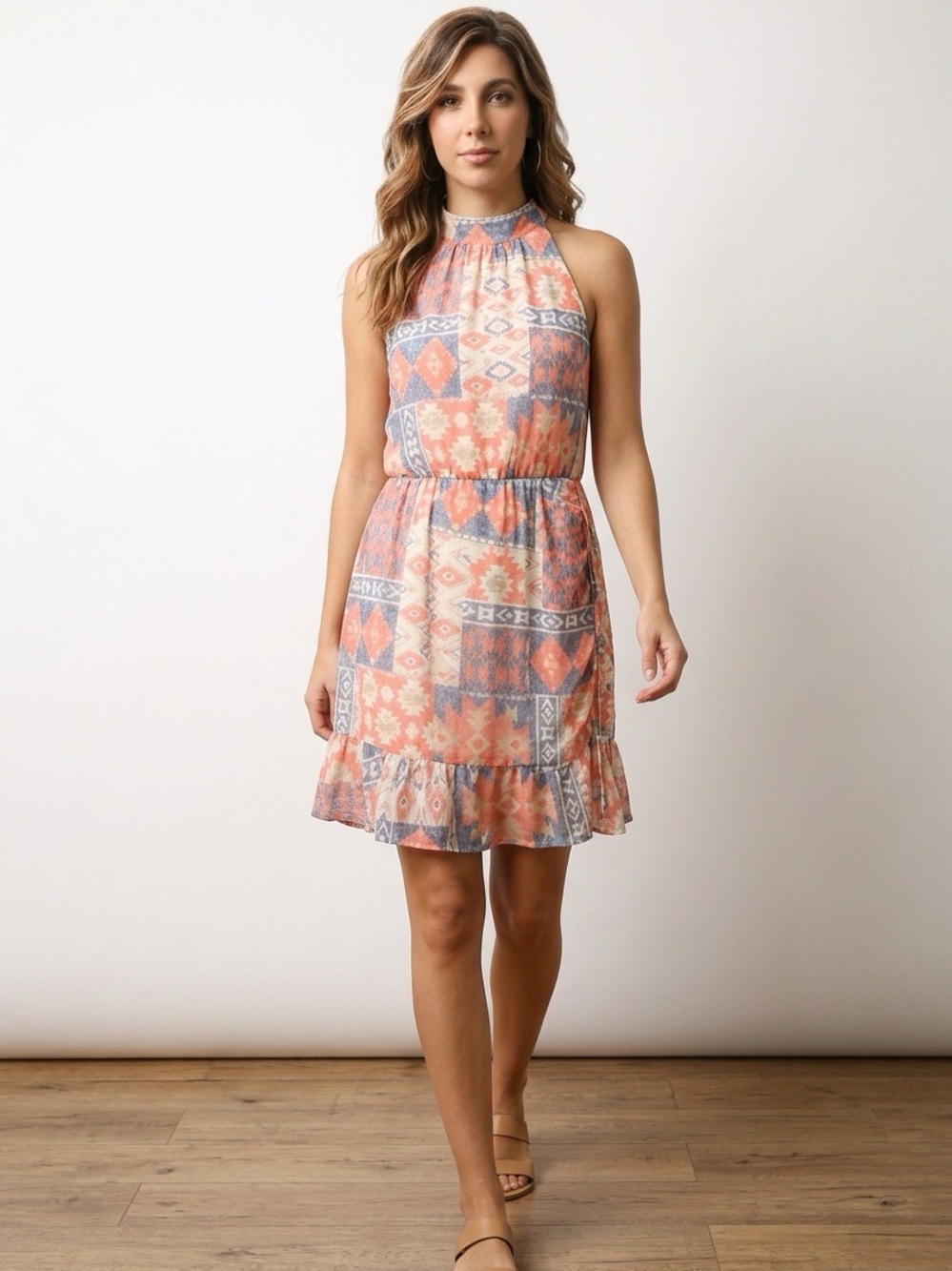 Cato Peach & Blue Geo Halter-Neck Mini Dress
